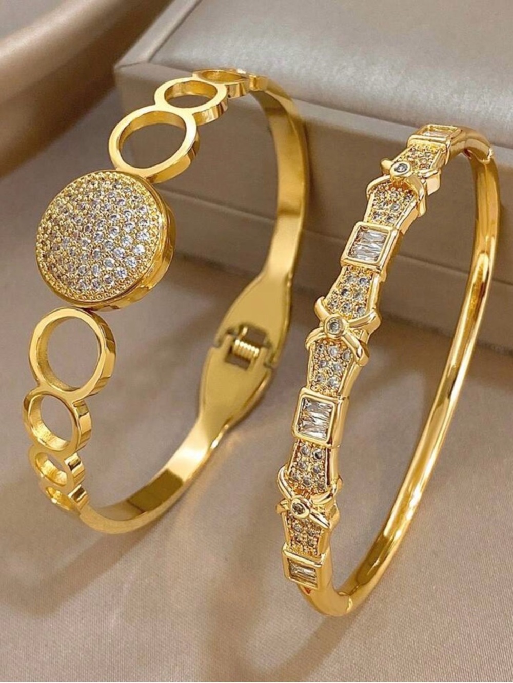 18k Gold Plated Stainless Crystal Pavé Bangle Bracelet Set 2 pcs